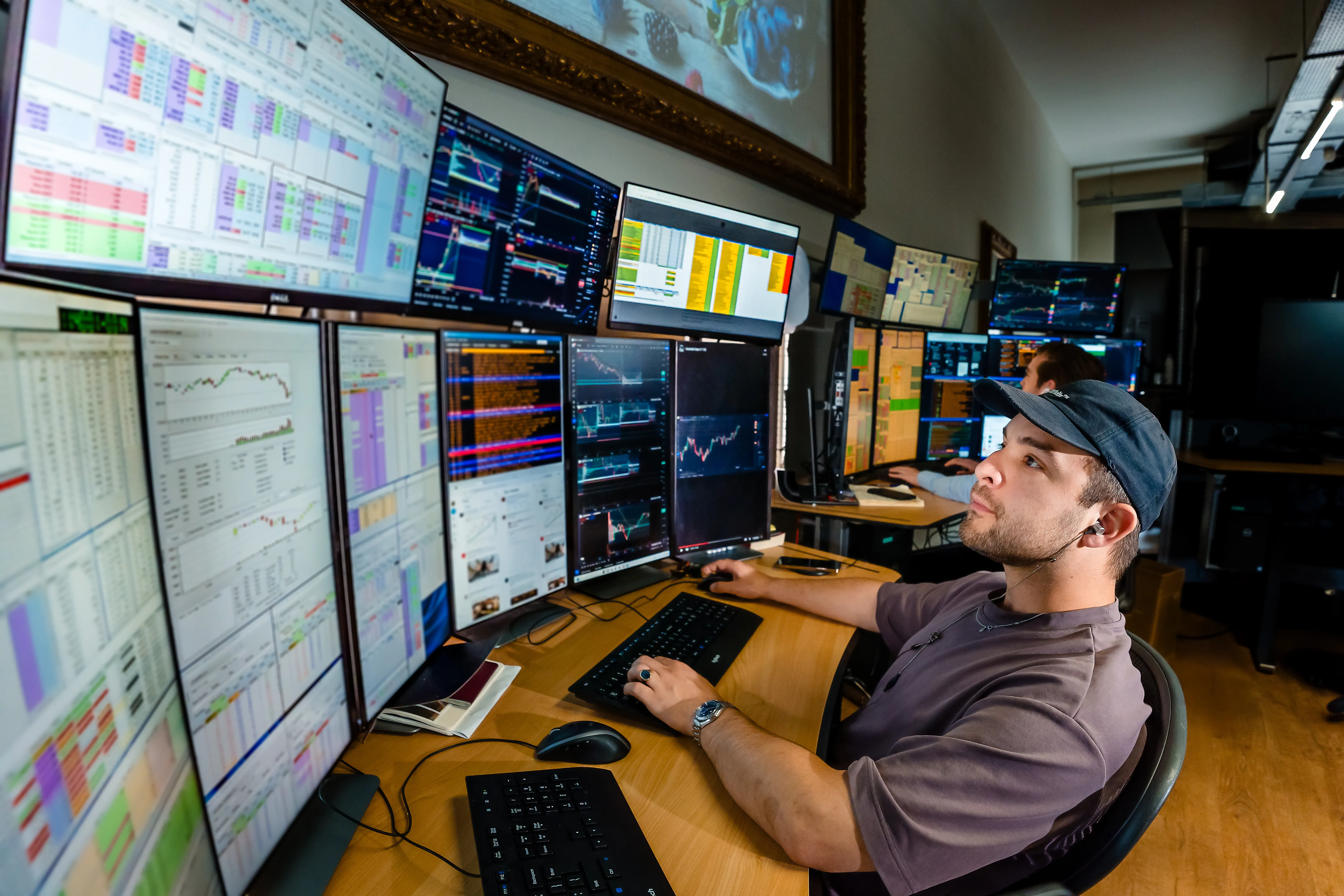 A trader floor screen showing a trading application with charts and data.